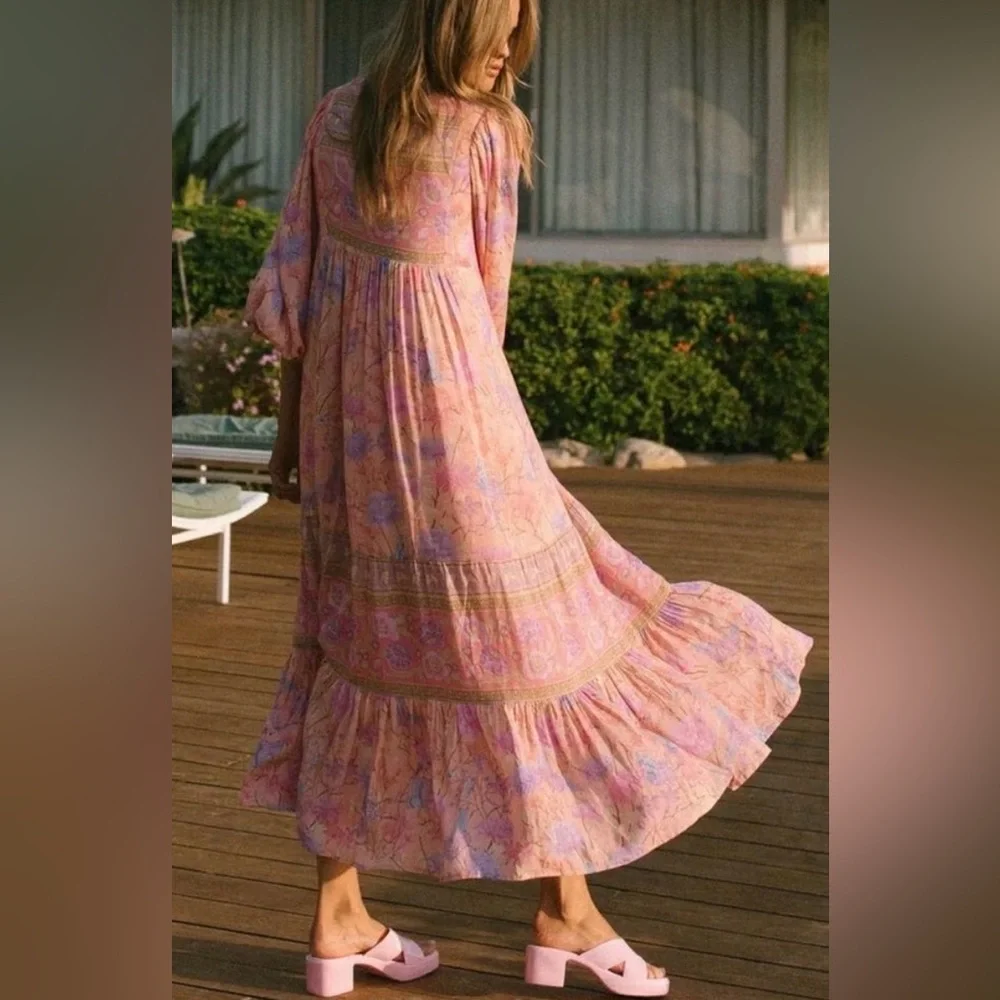 Spell & The Gypsy Butterfly Boho Maxi Dress Musk Pink Floral Festival Size L - Picture 4 of 10